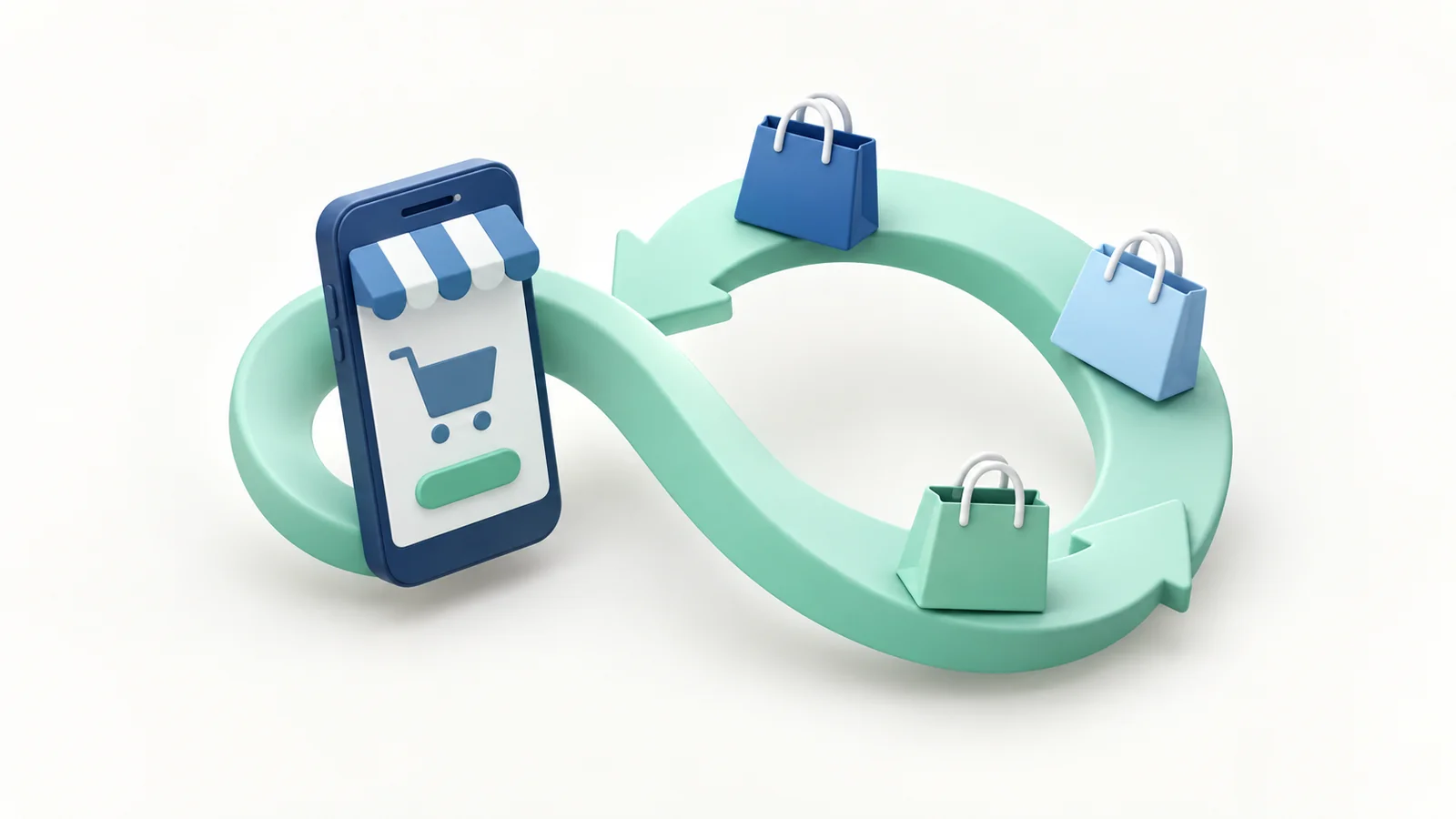 A shopping app and shopping bags connected by a loop representing repeat purchases.