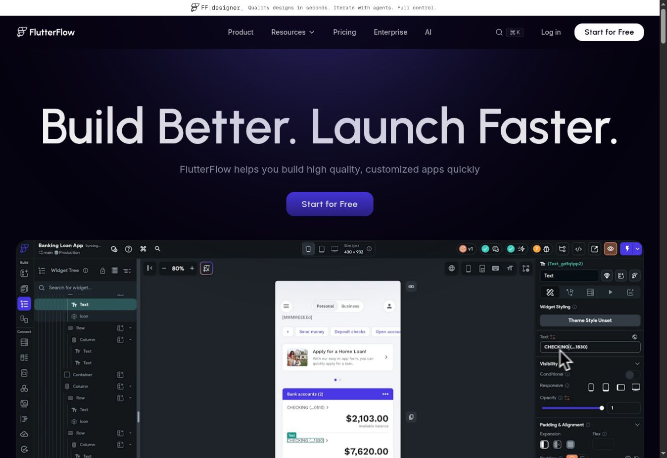 The FlutterFlow visual development environment
