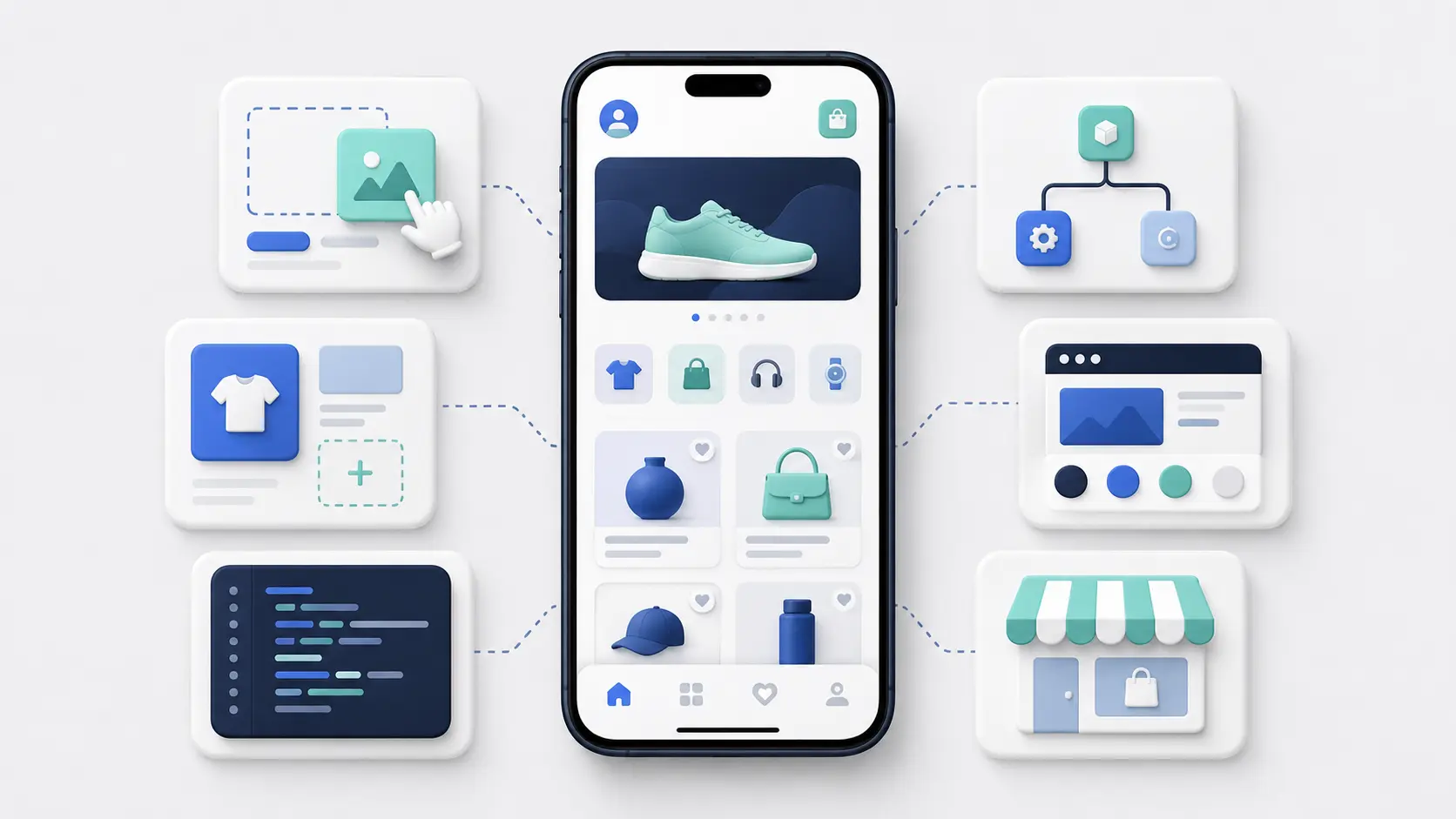 A mobile shopping app surrounded by ecommerce app-building tools