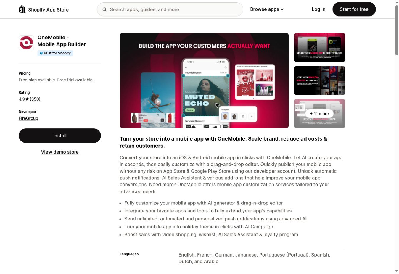 The OneMobile Shopify app builder