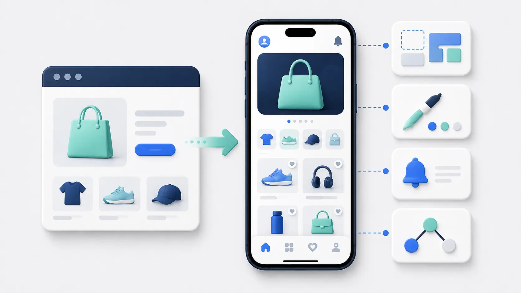 A Shopify storefront connected to a branded mobile shopping app and app-building tools