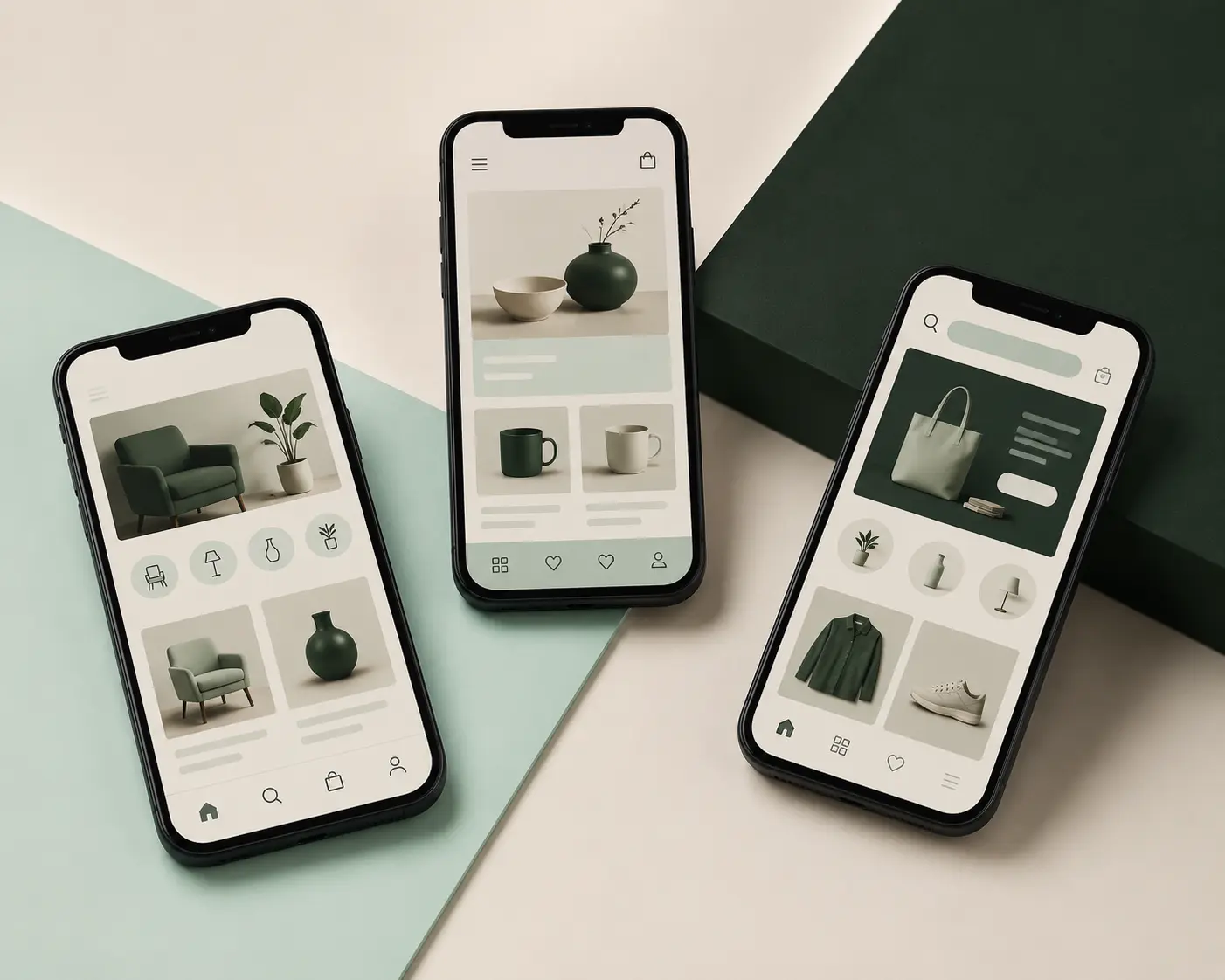 Three ecommerce mobile app experiences displayed on phones