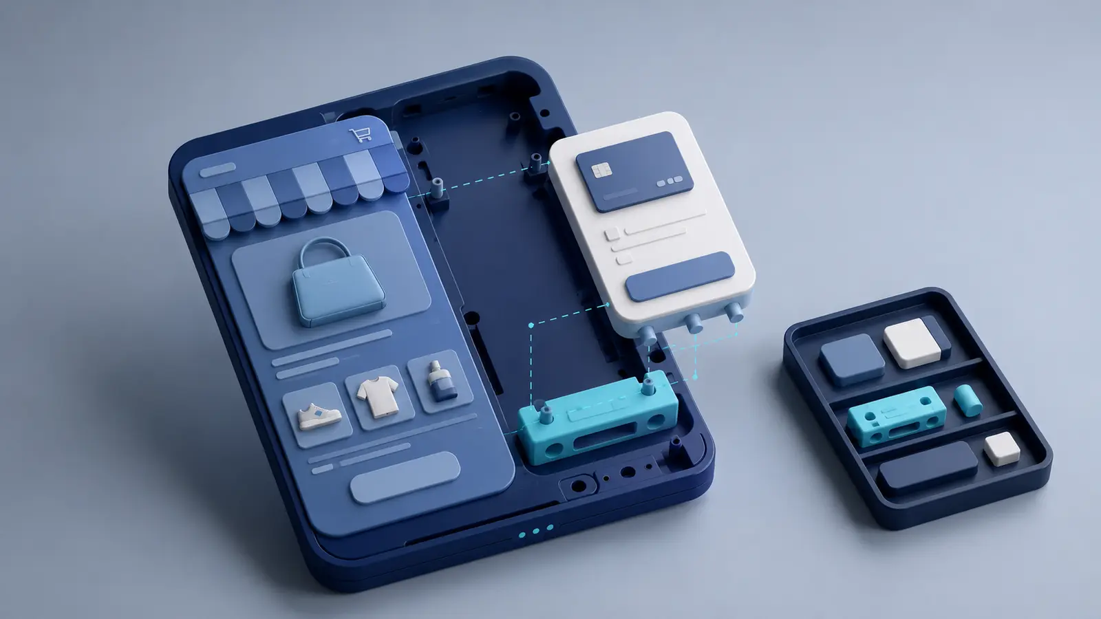 A modular ecommerce app being assembled from custom components