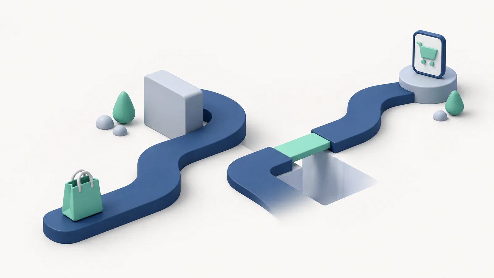 A shopping bag follows a path around obstacles toward a mobile app.