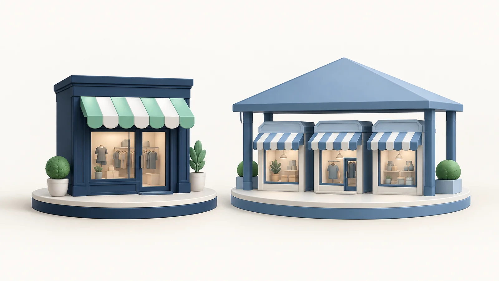 An independent storefront beside several smaller stores under a shared marketplace roof.