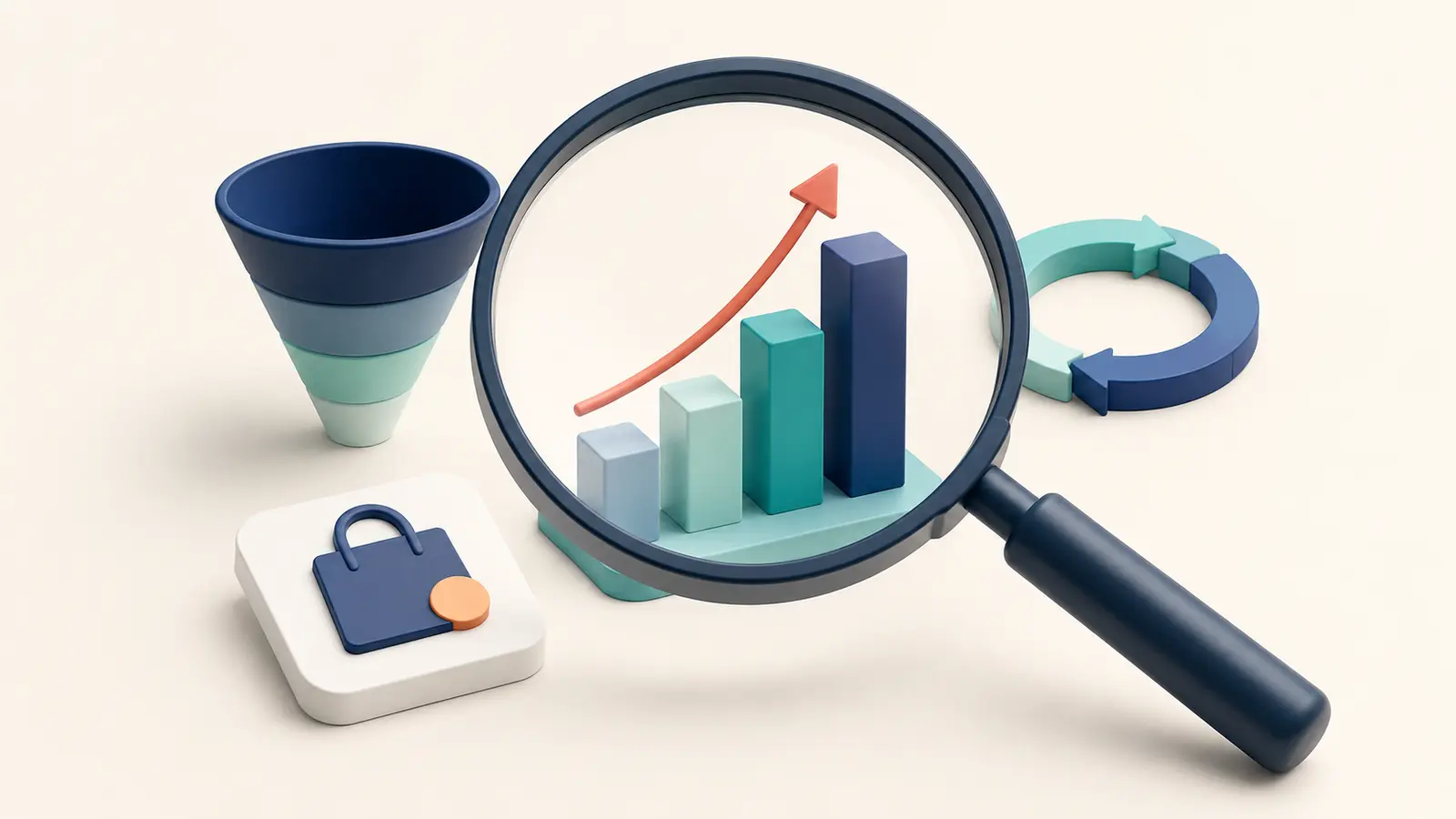 A magnifying glass inspecting ecommerce app performance bars, a funnel, and a retention loop