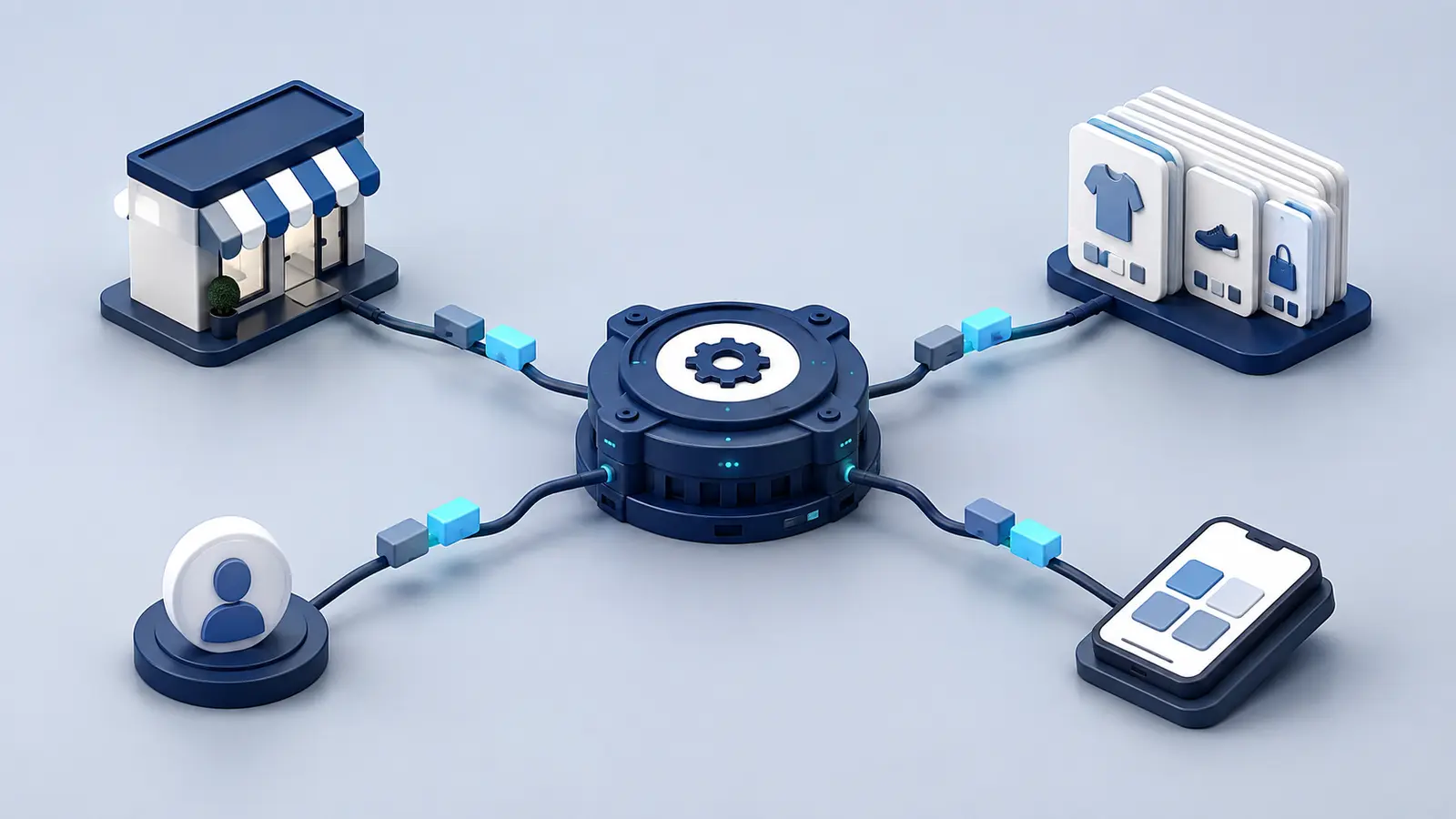 Ecommerce systems connected to a central synchronization hub