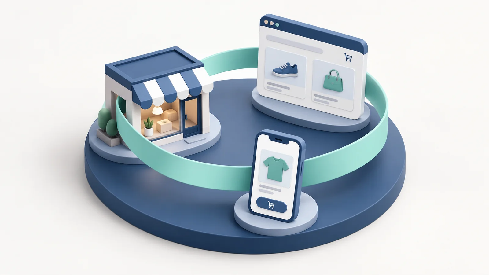 A storefront, website, and mobile app linked by one continuous ribbon.
