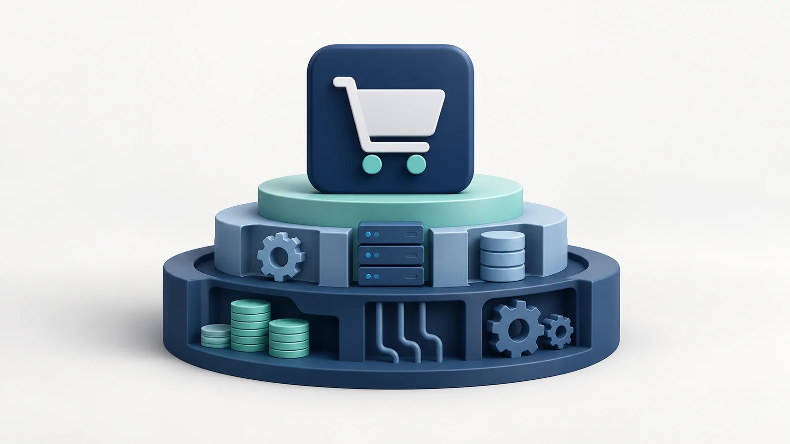 A shopping app sits above layered costs for software, maintenance, and operations.