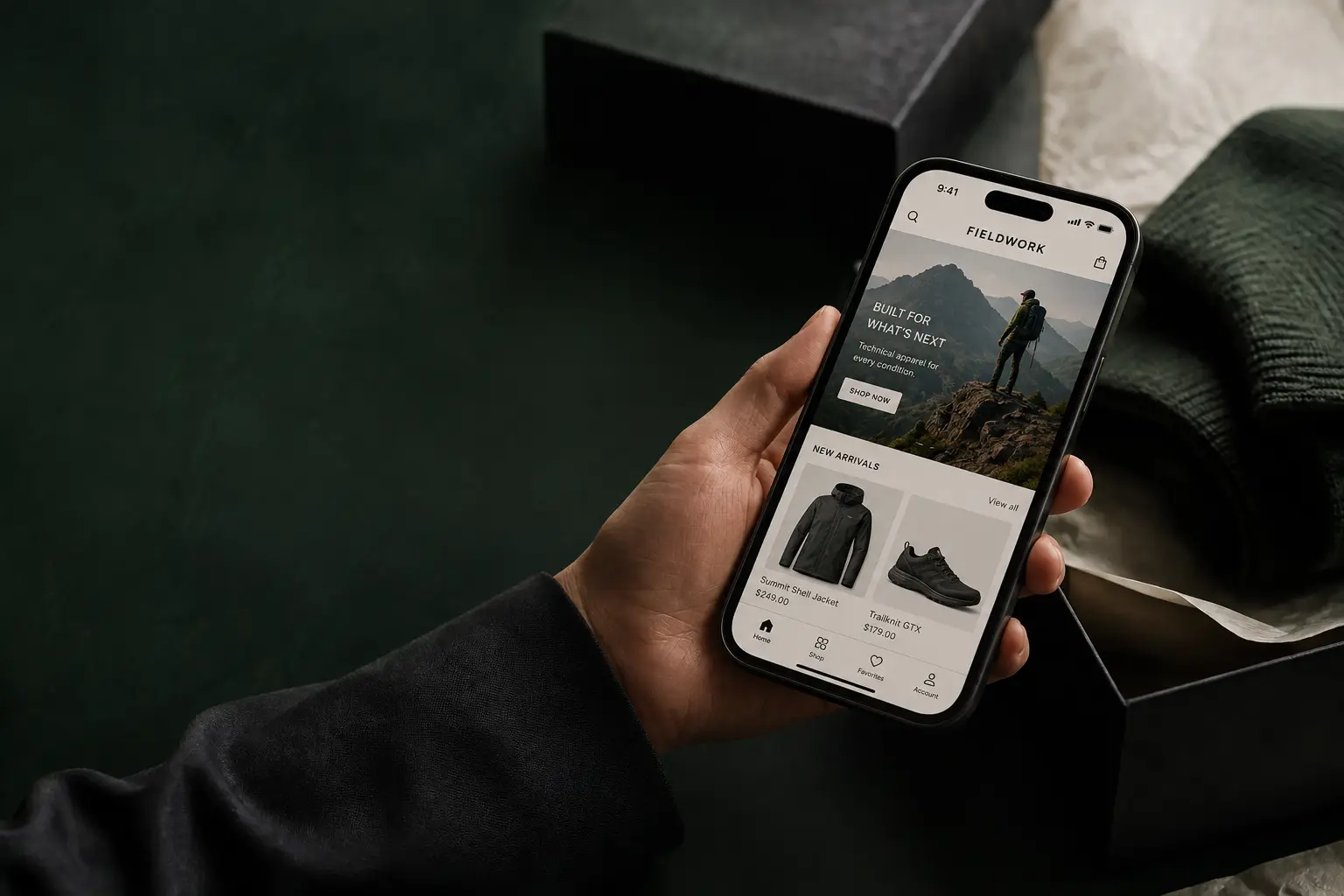 A shopper viewing a realistic outdoor ecommerce app on a mobile phone
