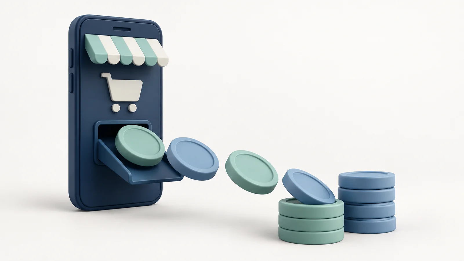 Coins flow from a shopping app into two stacks representing app revenue.