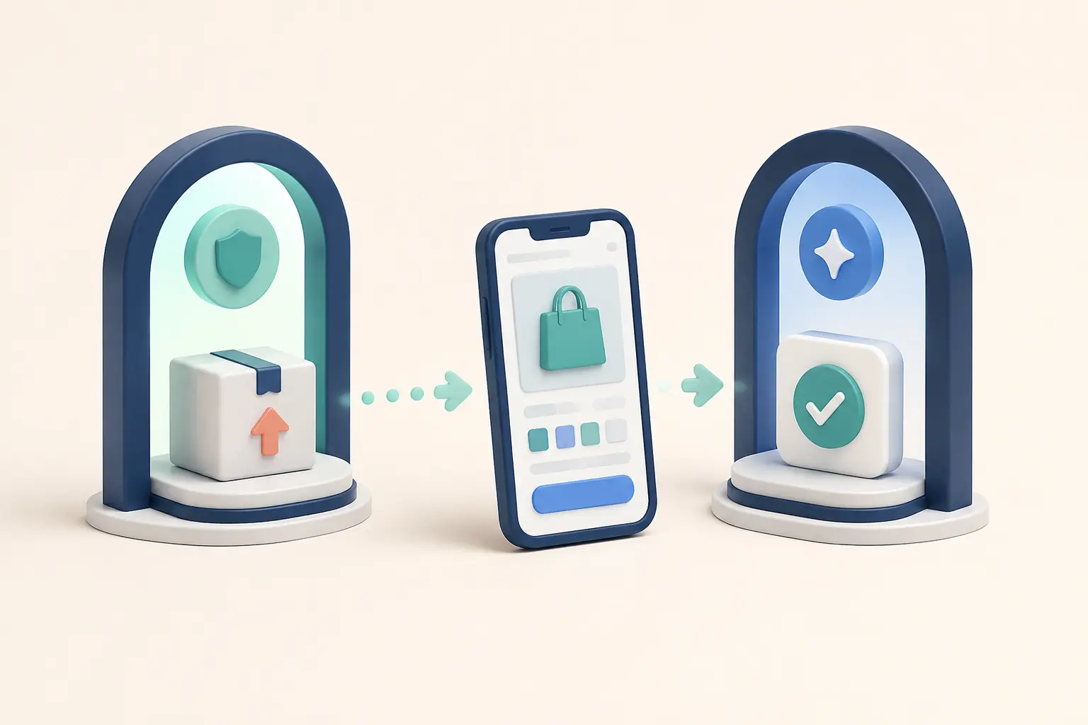 A mobile shopping app passing through two app review gates