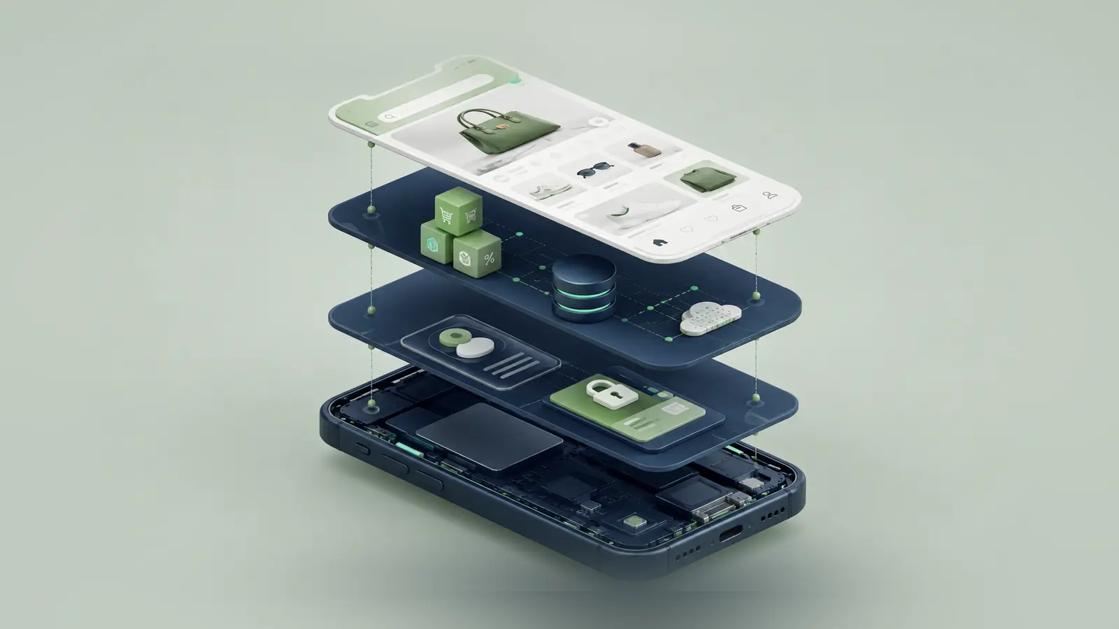 An exploded mobile shopping app showing its interface, commerce, account and native technical layers