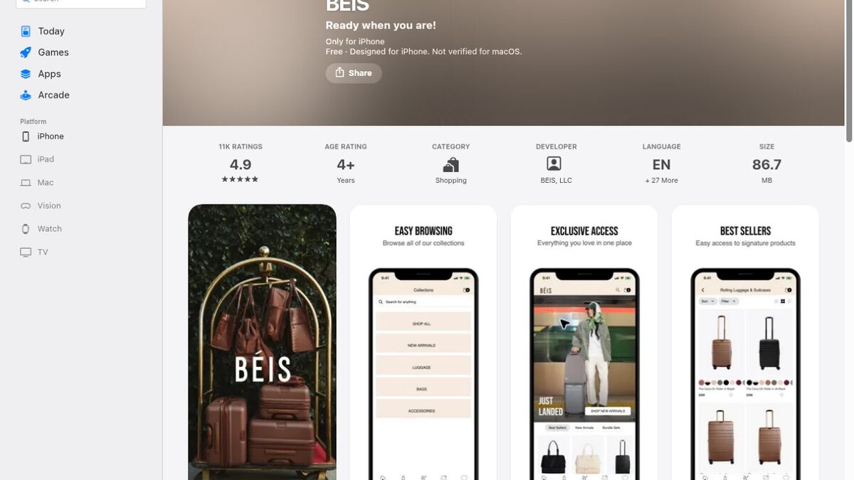 The BÉIS App Store listing showing browsing, launch access and bestseller screens