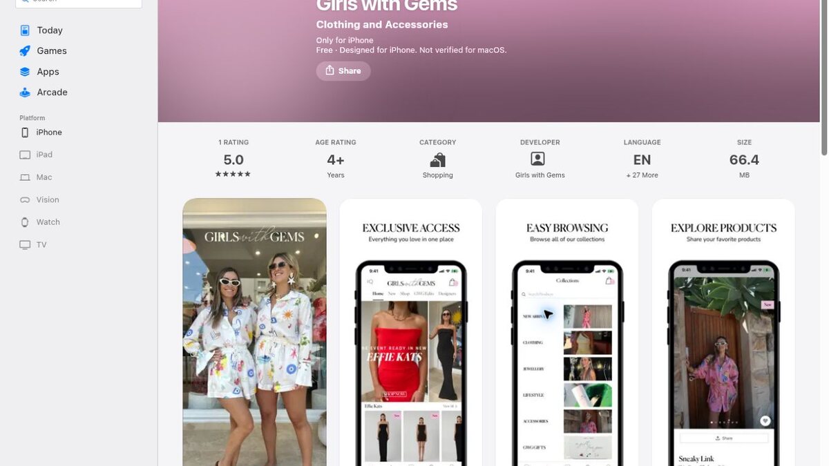 The Girls with Gems App Store listing showing exclusive access, browsing and product-sharing screens