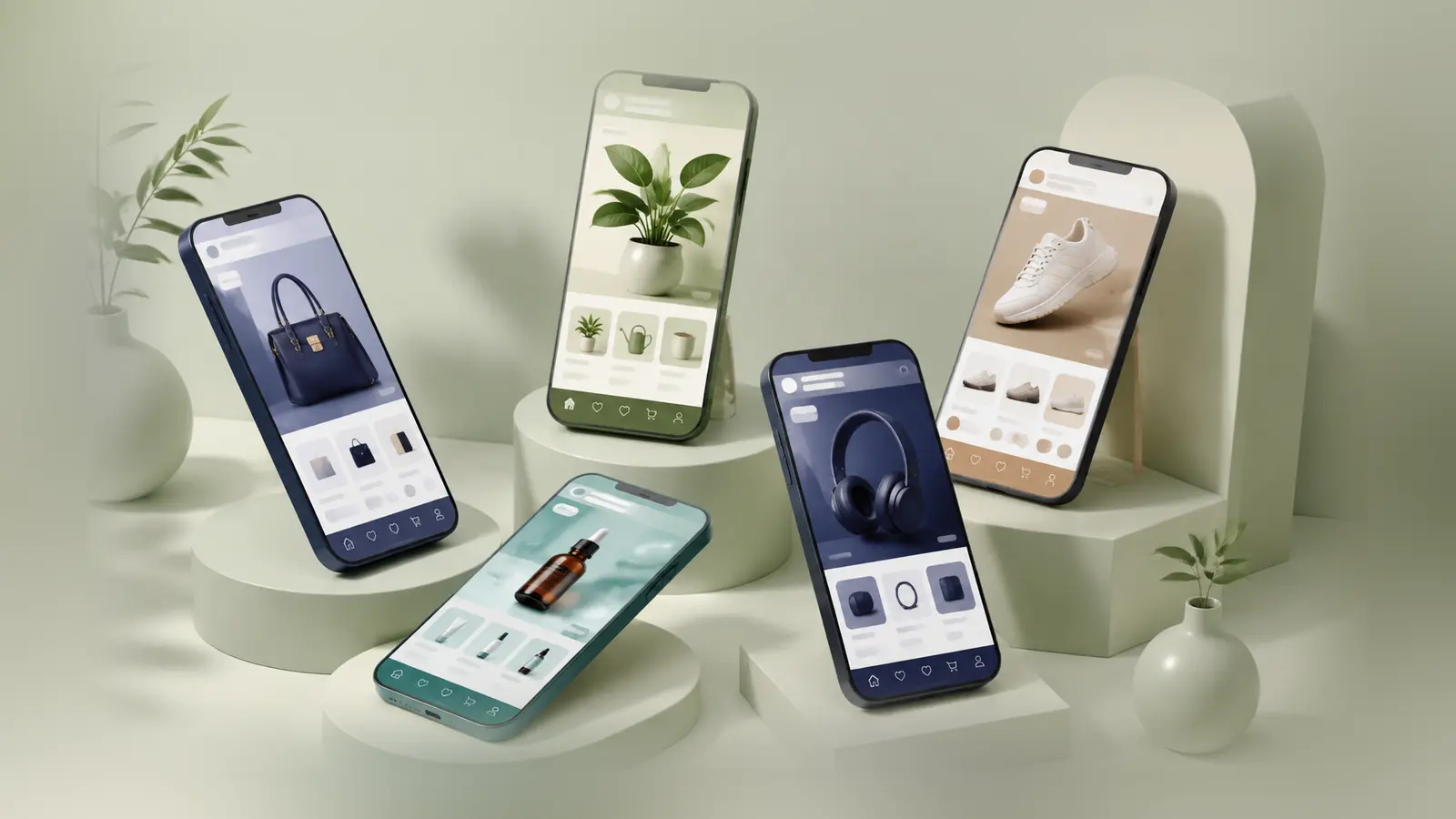 Five ecommerce mobile apps showing different product categories and storefront designs