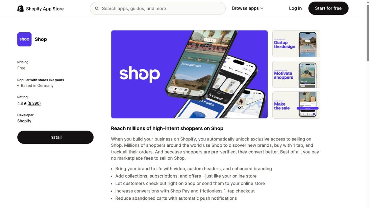 Shopify’s Shop app listing in the Shopify App Store