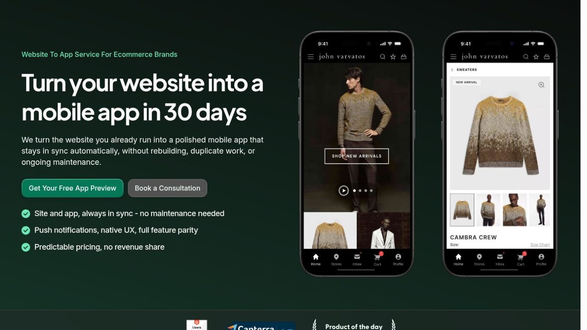 A public example of an ecommerce website presented inside a mobile app