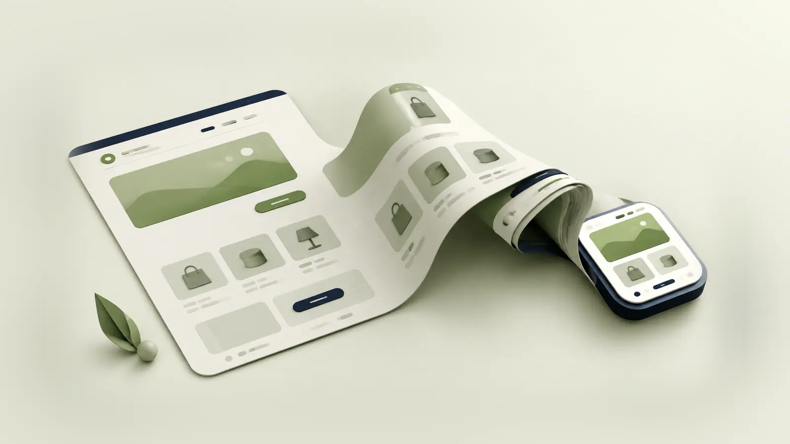 An ecommerce website flowing into a mobile shopping app with the same products and design