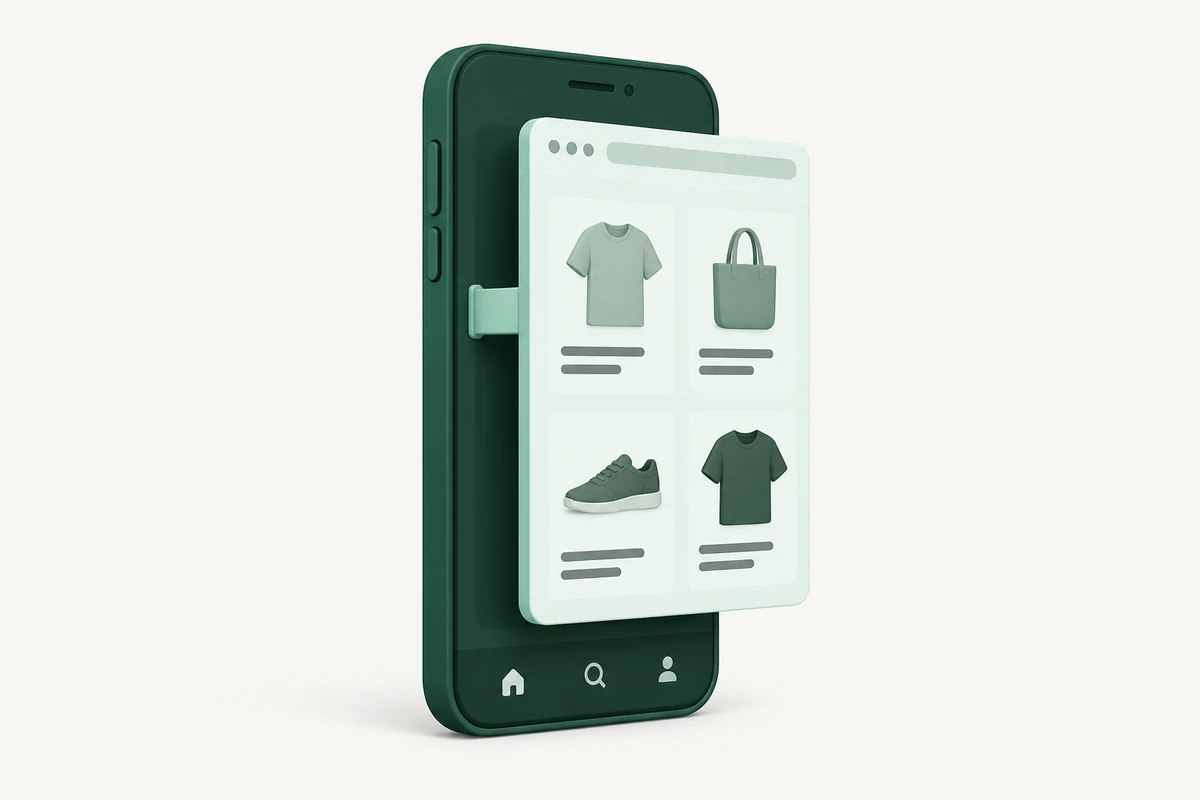 Illustrated WebView app: a pale shopping webpage sits inside a dark green native phone shell, joined by a connector representing the software bridge.